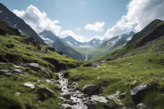 A stream running through a valley with mountains in the background