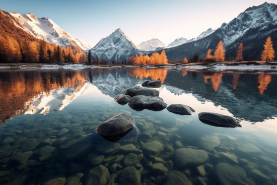 A lake with rocks and mountains in the background
