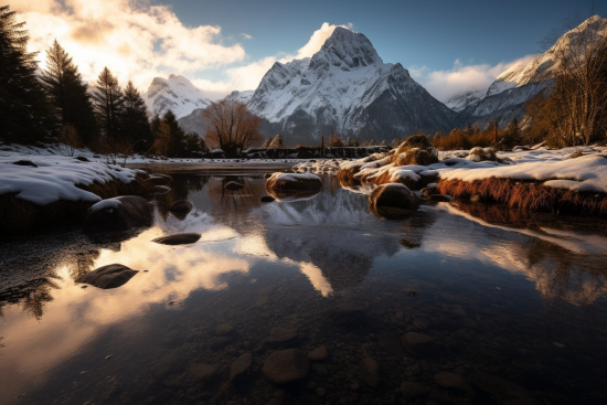 A river with snow on the mountains