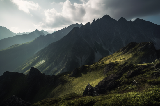 A mountain range with grass and rocks