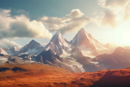 A snowy mountain tops with orange grass and blue sky