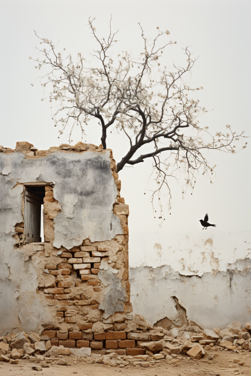 A bird flying over a broken brick building