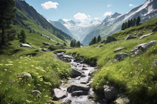 A stream running through a valley with mountains in the background