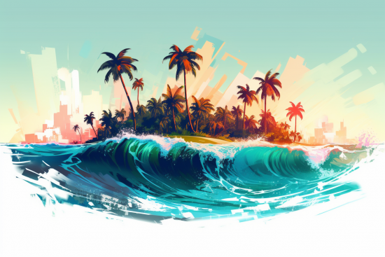 A wave with palm trees on an island