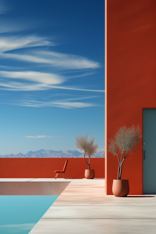 A red wall with a chair and potted plants