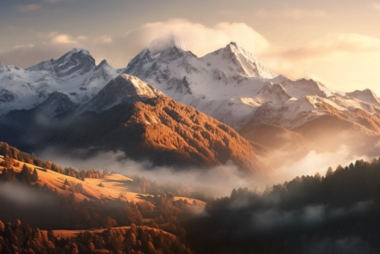 A mountain range with trees and clouds