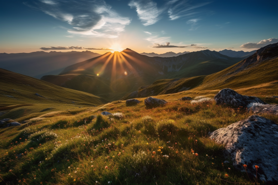 A sun shining through the clouds over a grassy hill