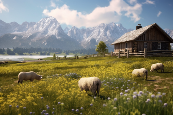 A group of sheep grazing in a field with flowers and a house in the background