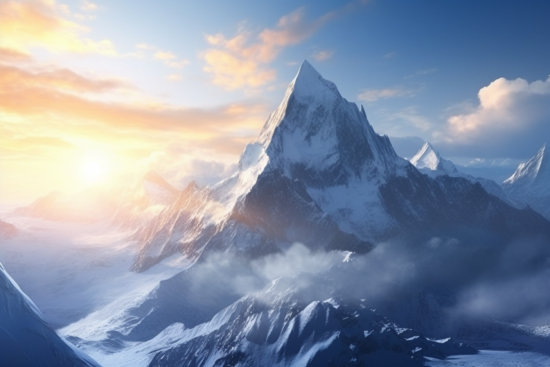 A mountain with snow and clouds