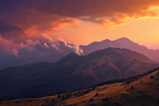 A landscape of mountains with clouds and a sunset