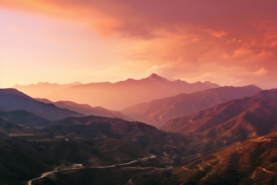 A landscape of mountains with a road and a cloudy sky