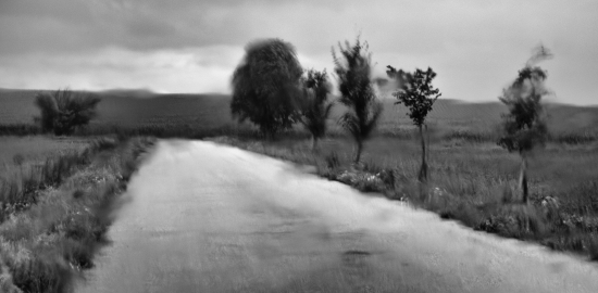 Landscape behind glass in the rain