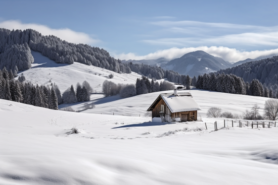 A cabin in a snowy landscape