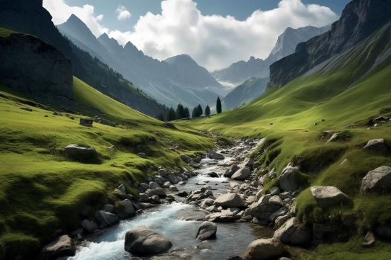 A river running through a valley with mountains in the background