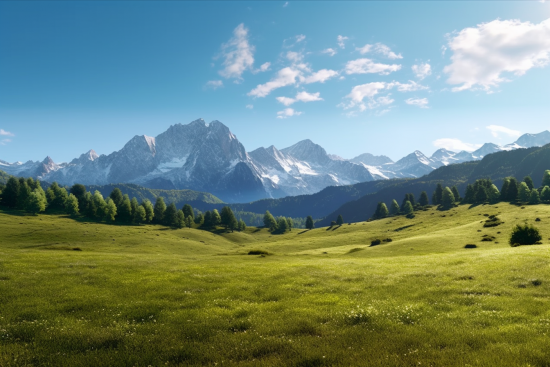 A green field with trees and mountains in the background