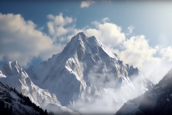 A mountain with clouds and blue sky