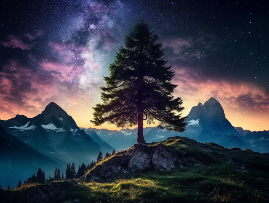 A tree on a hill with mountains in the background
