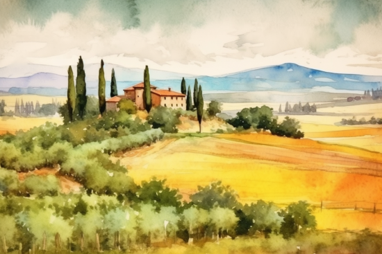 A watercolor painting of a house on a hill