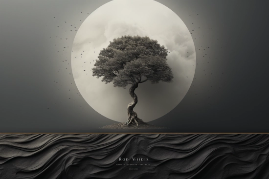 A tree with a moon in the background