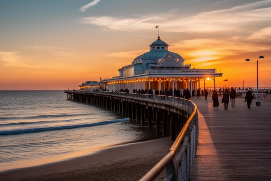 A long pier with people walking on it