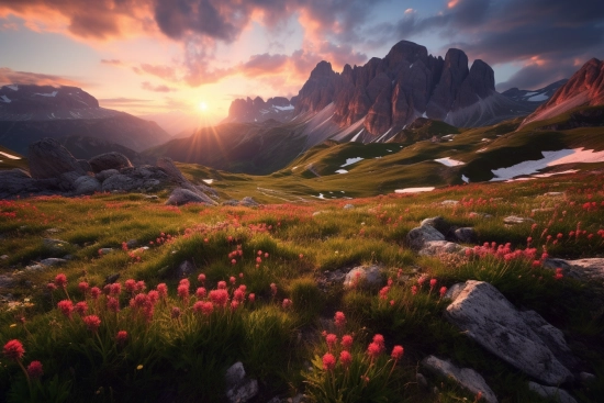A mountain range with flowers and rocks