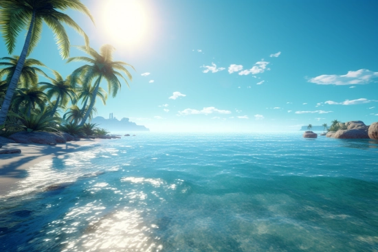 A beach with palm trees and a body of water