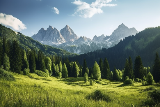 A green field with trees and mountains in the background