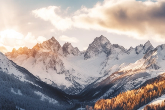 A snowy mountain range with trees