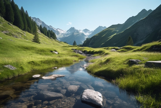 A stream in a valley with mountains and trees