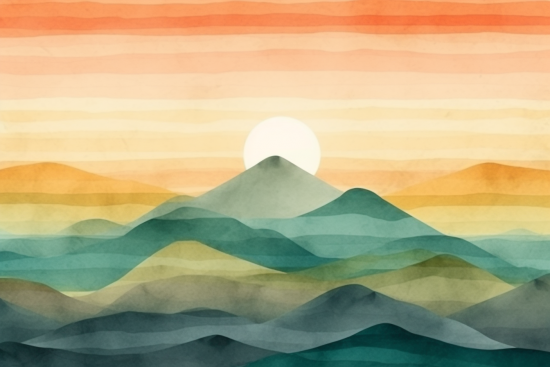 A painting of a mountain with the sun in the distance