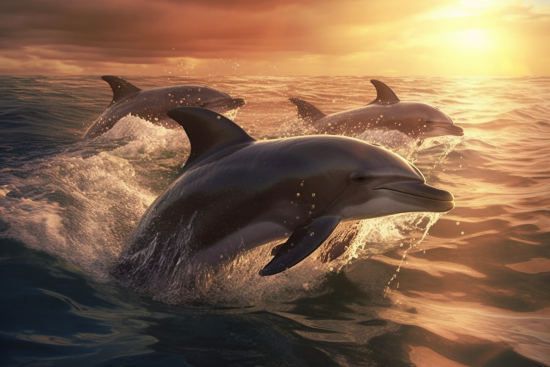 A group of dolphins jumping out of water