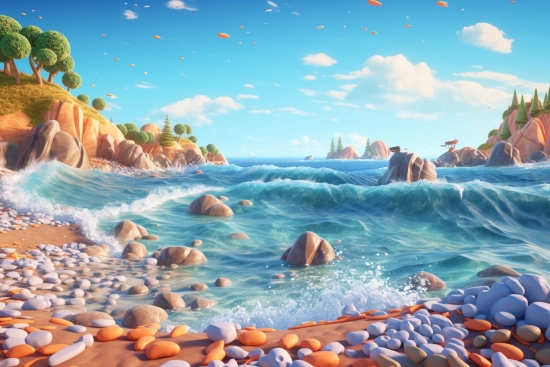 A rocky beach with waves and rocks