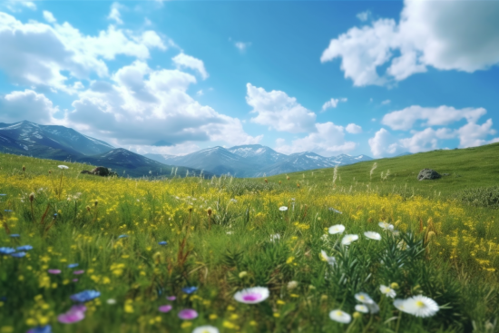 A field of flowers and grass with mountains in the background