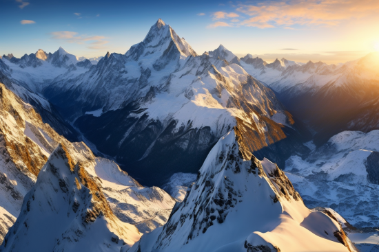 A snowy mountain tops with blue sky