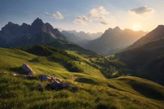 A green hills with trees and mountains in the background