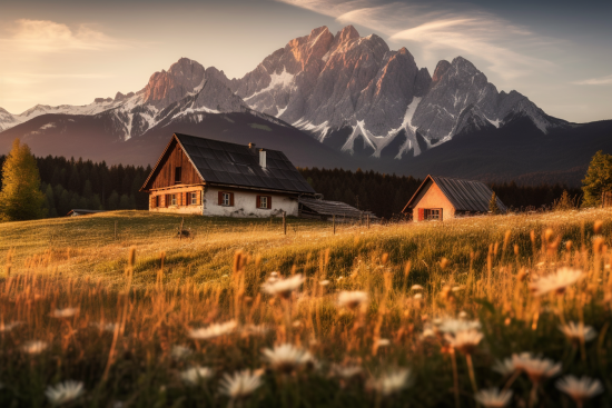 A house in a field with mountains in the background