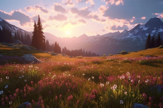 A field of flowers and trees in the mountains