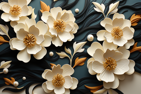 A white and gold flowers on a blue background
