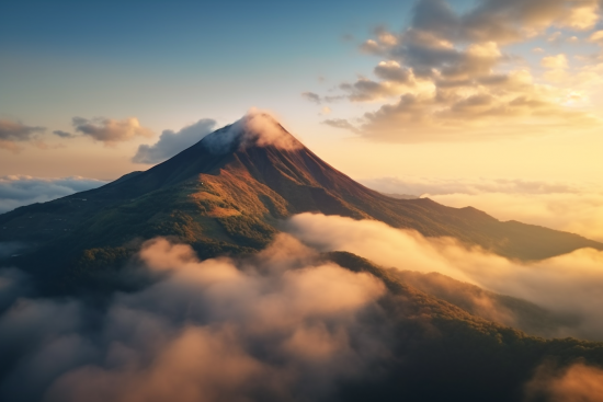 A mountain with clouds and fog