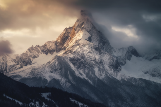 A snowy mountain with clouds in the sky