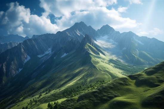 A green mountain range with blue sky and clouds