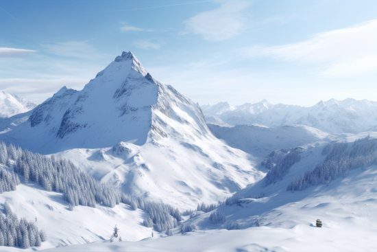 A snowy mountain range with trees