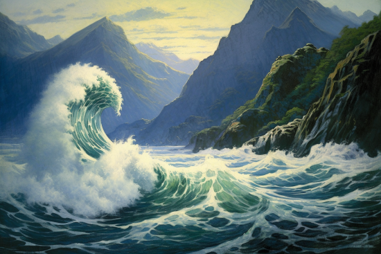 A large wave crashing into a rocky shore