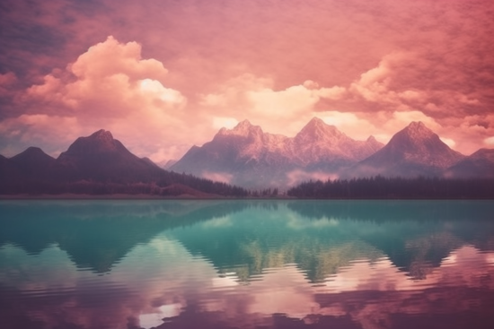 A lake with mountains in the background