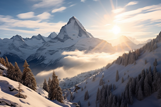 A snowy mountain with trees and clouds