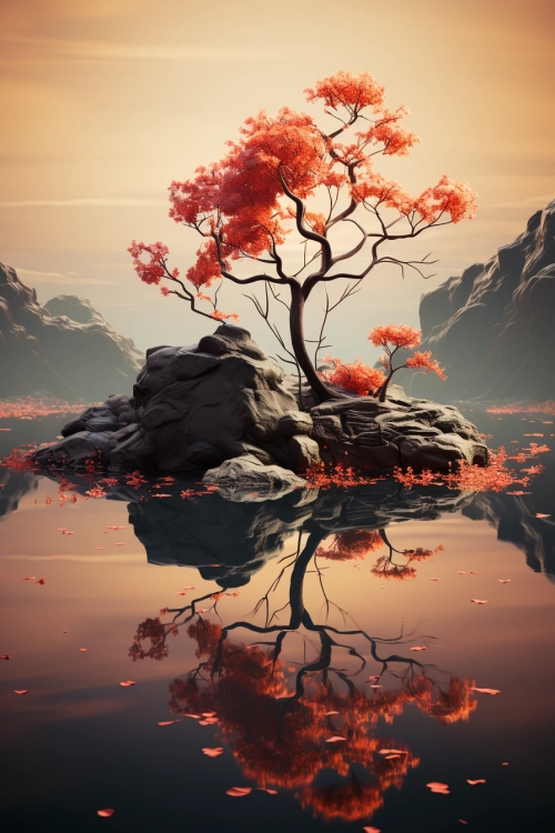 A tree on a rock in water