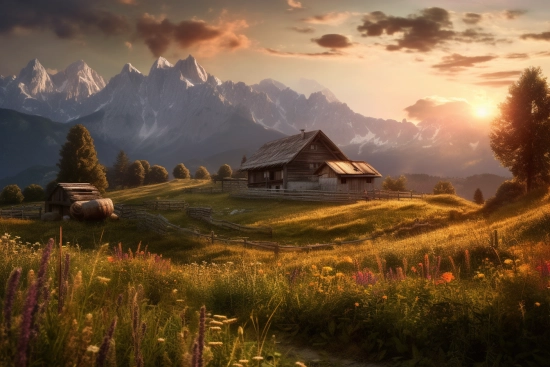 A house in a field with mountains in the background