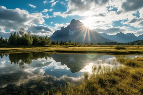 A lake with grass and trees and mountains in the background