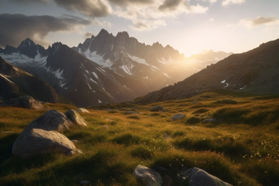 A mountain range with snow covered mountains
