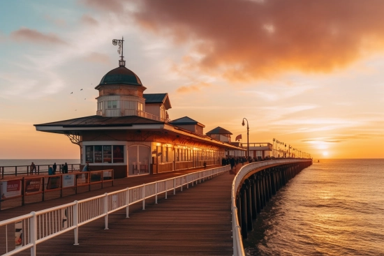 A pier with a building and a body of water